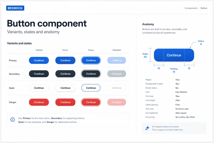 BEDROCK: BEDROCK design system showing tokens, components and usage documentation.