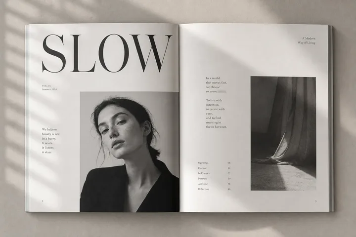 SLOW: SLOW editorial spread showing cover, typographic hierarchy and page layout.
