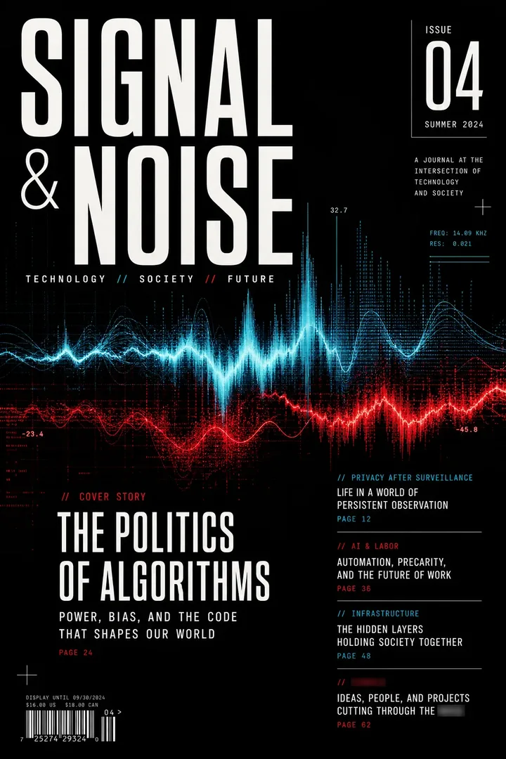 SIGNAL & NOISE: SIGNAL & NOISE editorial spread showing cover, typographic hierarchy and page layout.