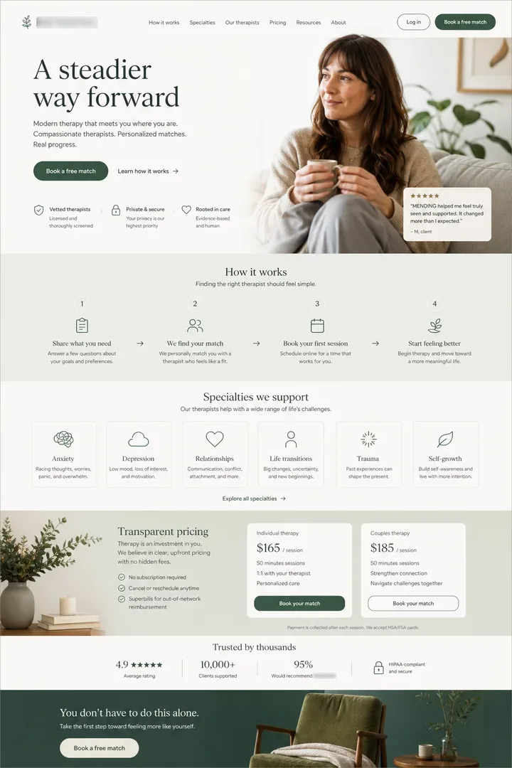 MENDING: MENDING landing page design showing hero, proof sections and call to action.