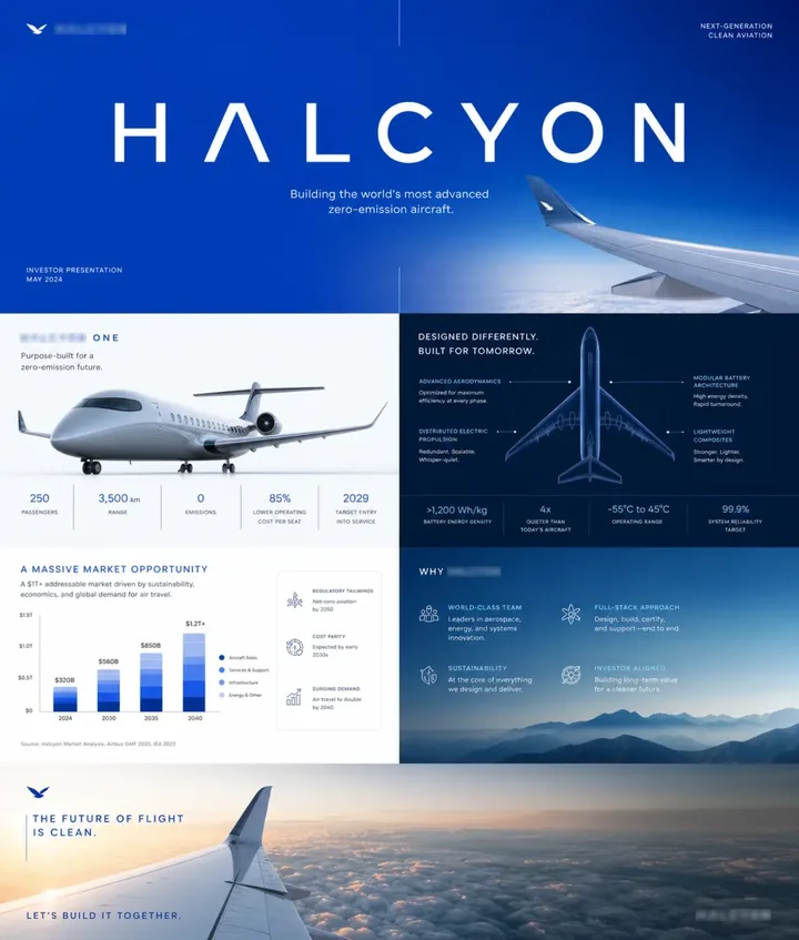 HALCYON: HALCYON pitch deck slides showing cover, narrative layout and data pages.